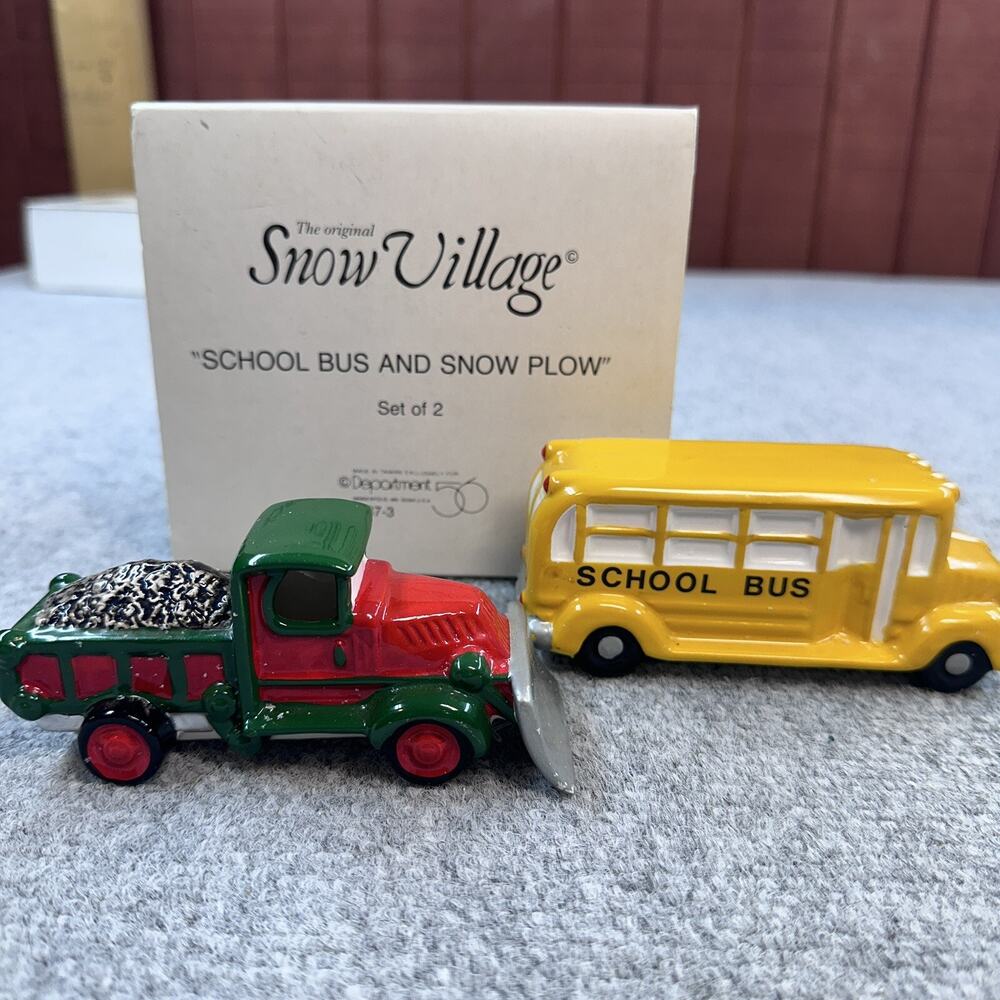 Department 56 Snow Village Set of 2: School Bus and Snow Plow #51373 Mint in Box - Picture 2 of 6